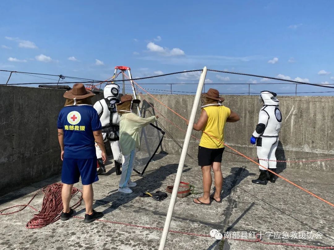 南部茶馆-南部陵江在线南部县一高楼顶部惊现马蜂窝，救援队悬空乐成摘取南部陵江在线(2)